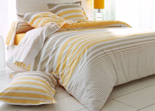 housse couette coton percale lignes jaune beige blanche