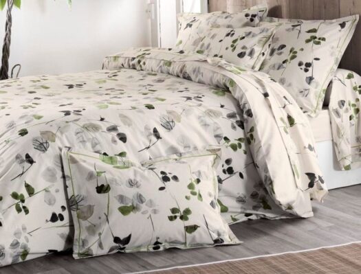 housse couette coton aquarelles feuilles vert gris