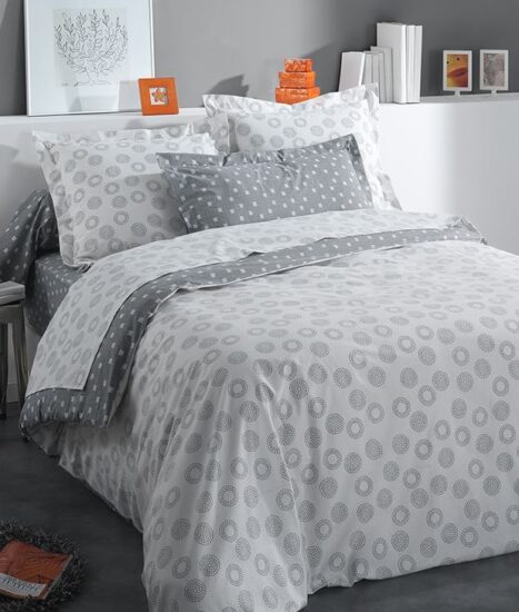 housse couette coton feux artifices ronds gris