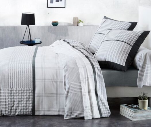 housse couette coton flanelle pied poule et carreau gris