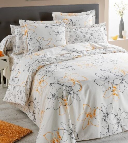 housse couette coton fleurs design gris orange