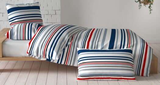 housse couette coton lignes bleu rouge gris blanc