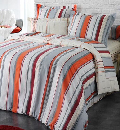 housse couette coton lignes grise orange blanc bordeau