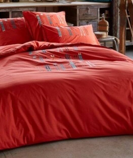 housse couette coton percale brode skis orange