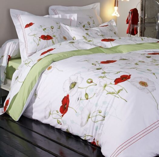 housse couette coton percale coquelicot rouge vert pistache fond blanc