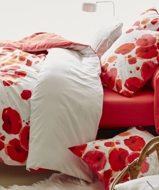 housse couette coton percale imprime aquarelle coquelicot