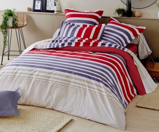 housse couette coton percale lignes bleu beige blanc rouge