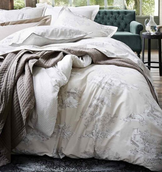 housse couette coton percale toile de jouy beige