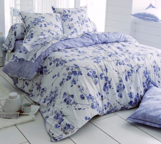 housse couette coton satin branches fleurs bleus